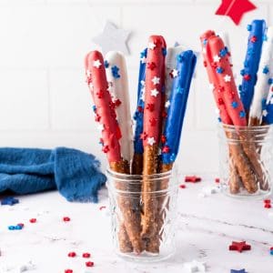 red white and blue pretzel rods in jar.