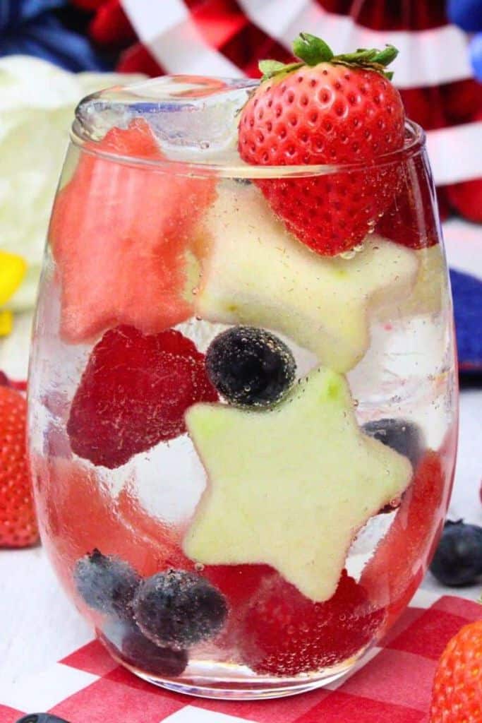 white sangria with fruit in glass.