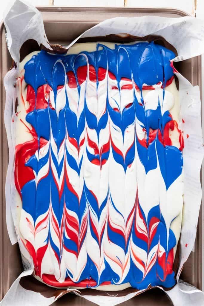 patriotic candy bark in pan.