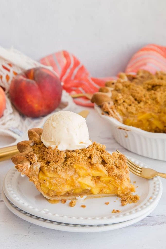 peach pie with crumble topping.