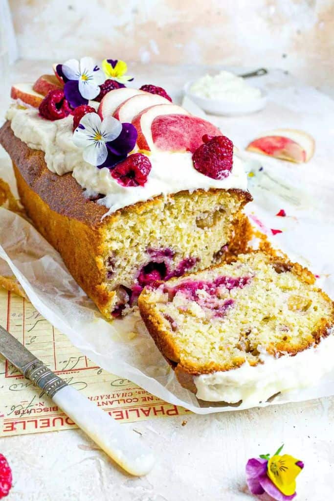peach and raspberry loaf cake.
