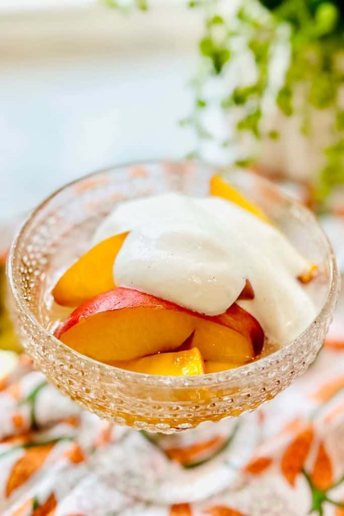 peaches and cream in glass bowl.