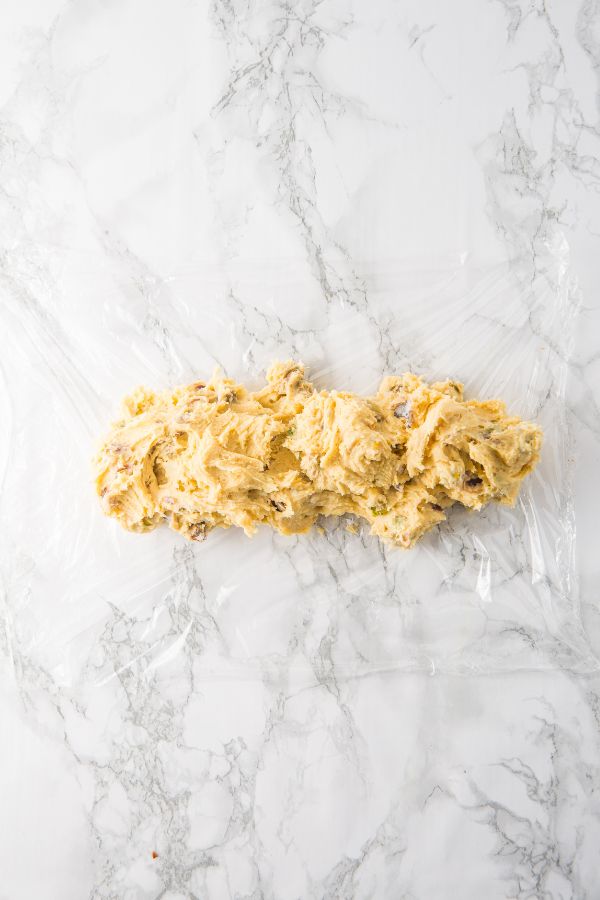 pistachio cookie dough on wrap.