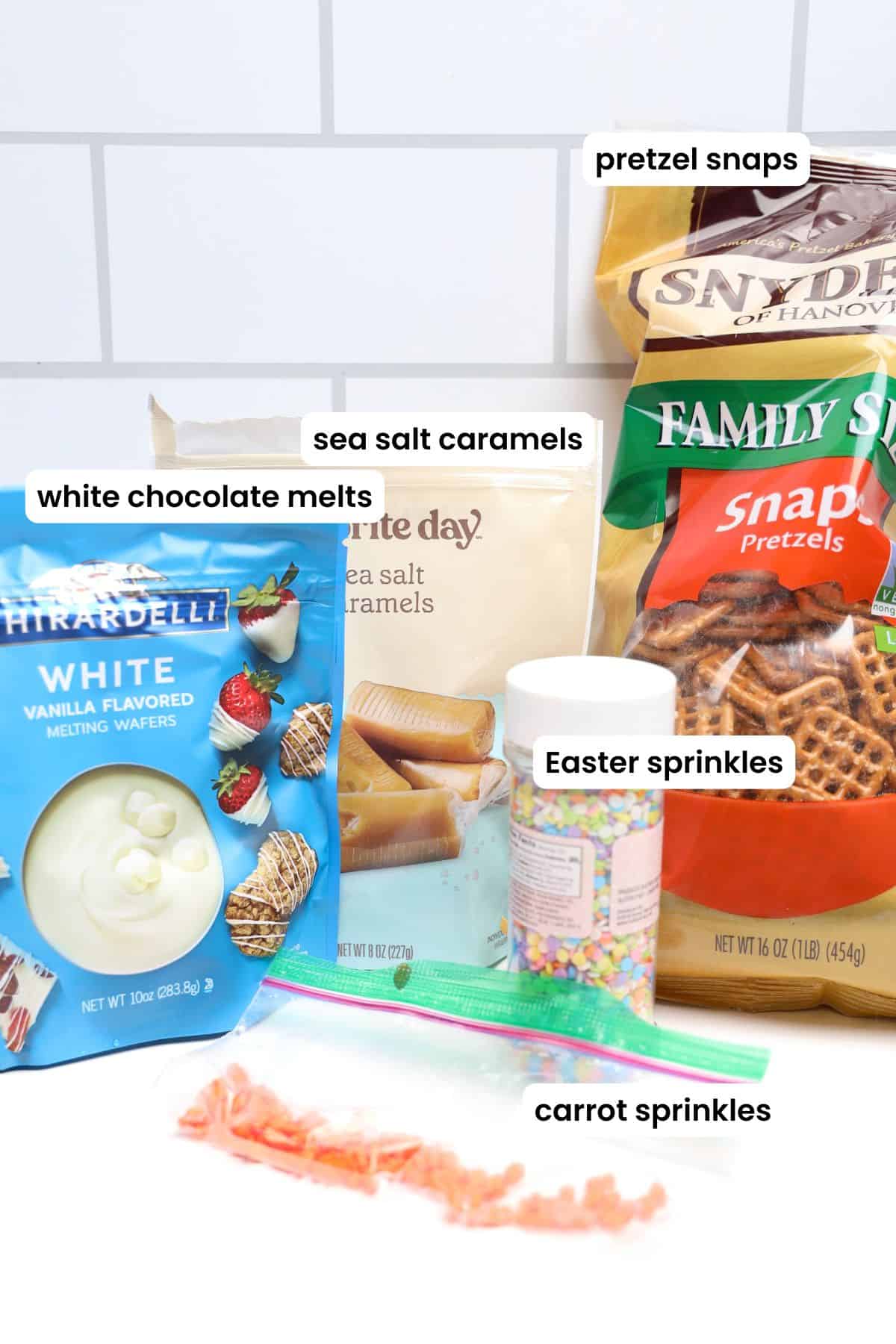 chocolate dipped pretzel treats ingredients labelled.