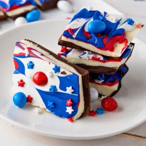 patriotic candy bark on plate.