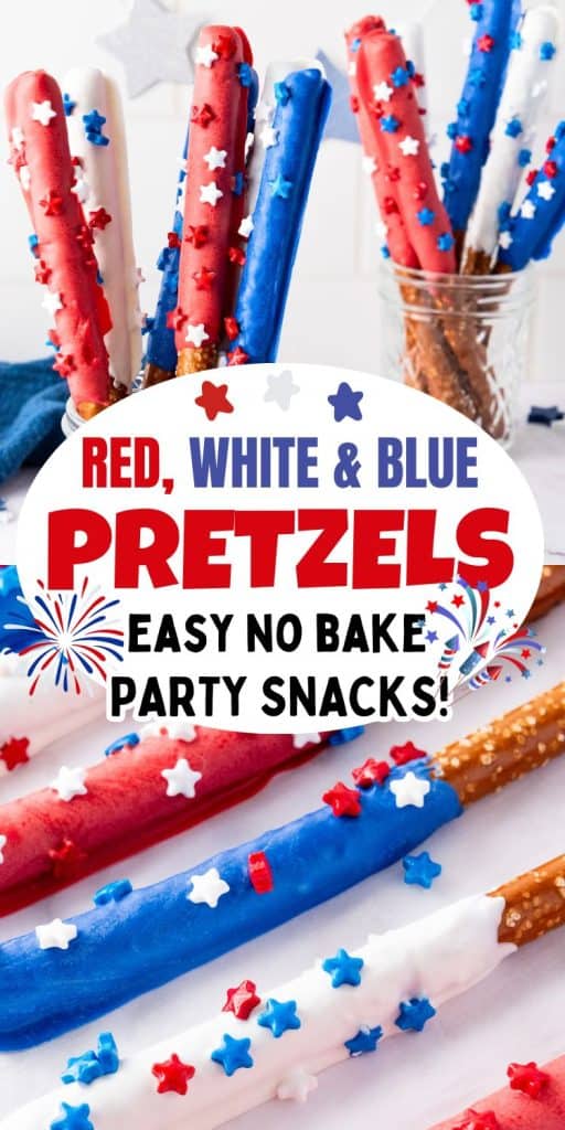 collage of patriotic chocolate dipped pretzels.