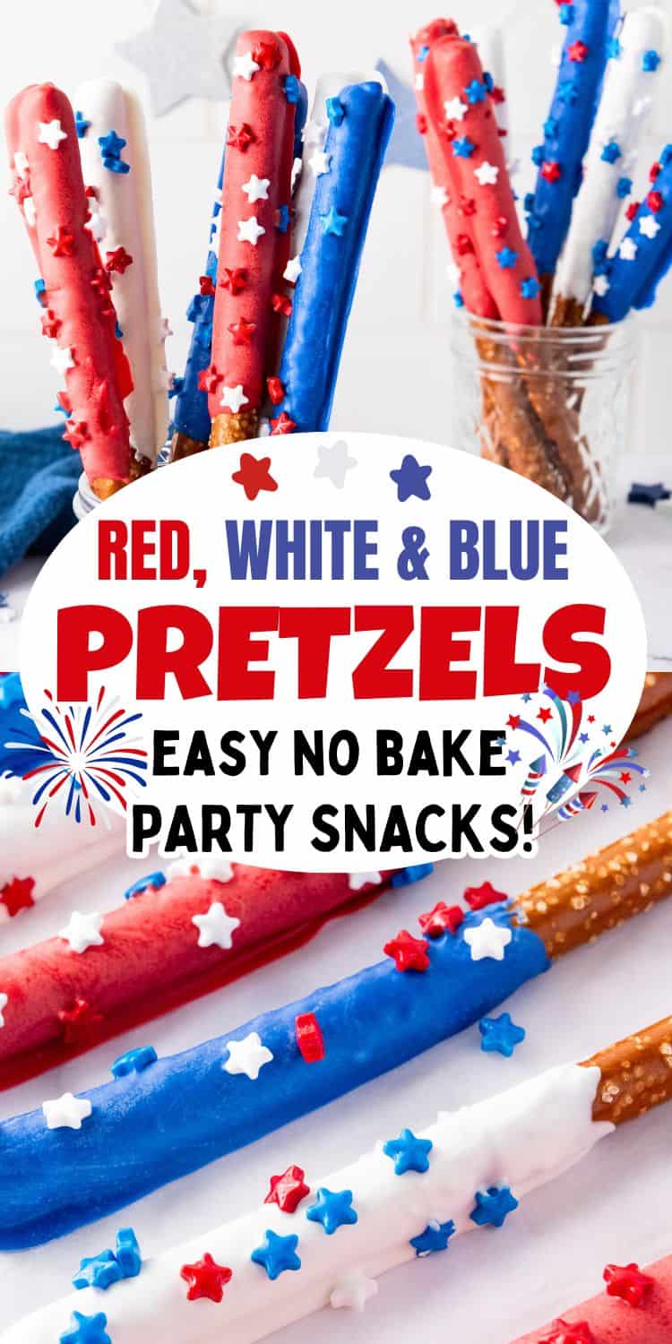 collage of patriotic chocolate dipped pretzels.