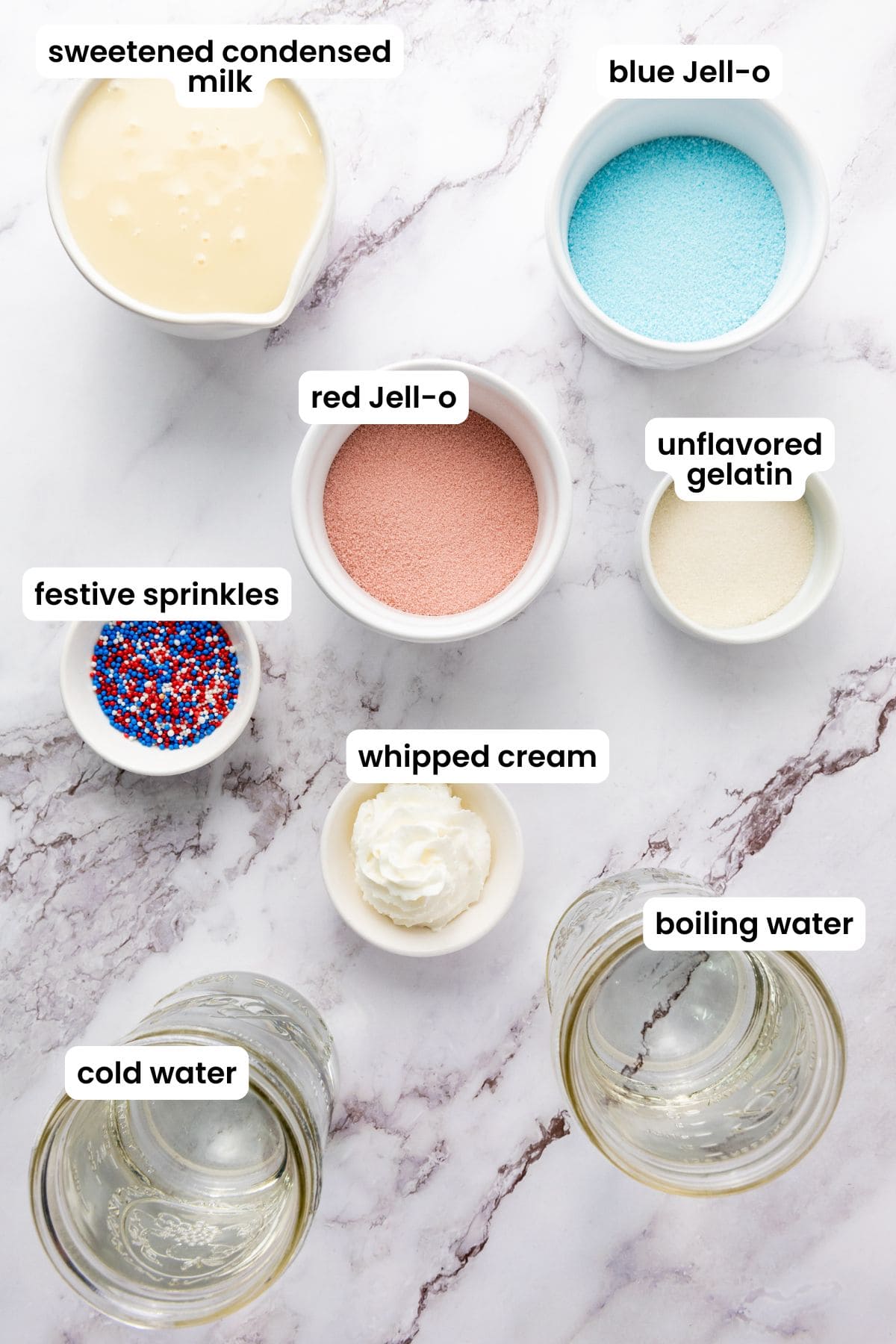 red white blue jello ingredients labelled.