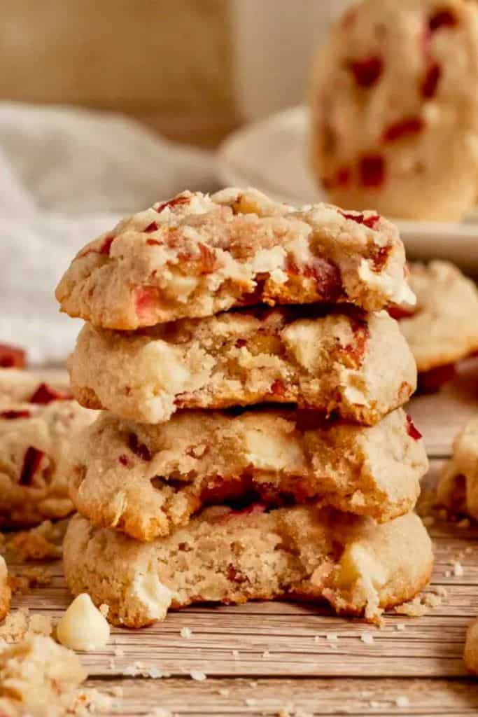 white chocolate and rhubarb cookies stacked.