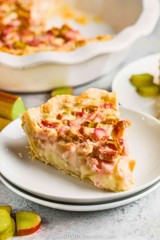 slice of rhubarb custard pie on plate.