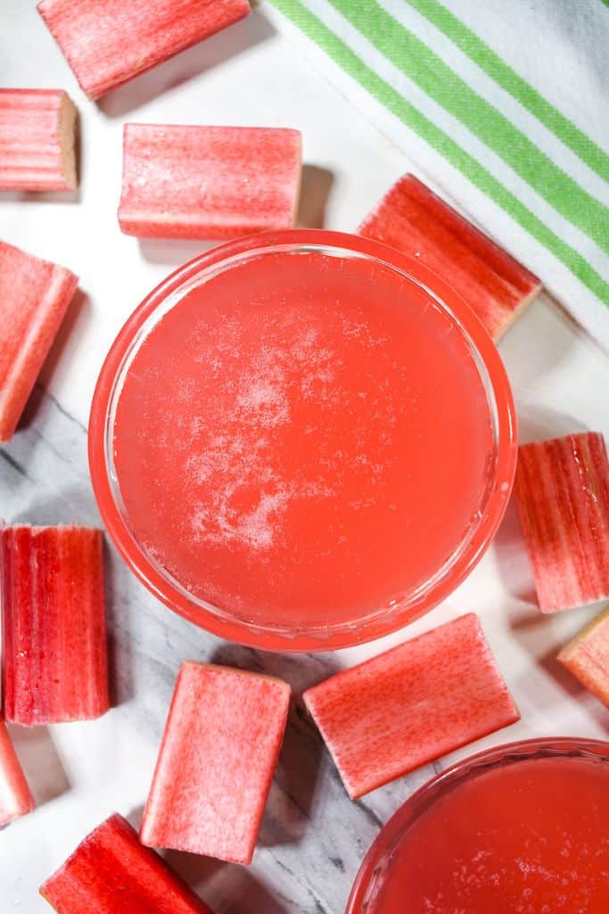 rhubarb flavored simple syrup in jar.