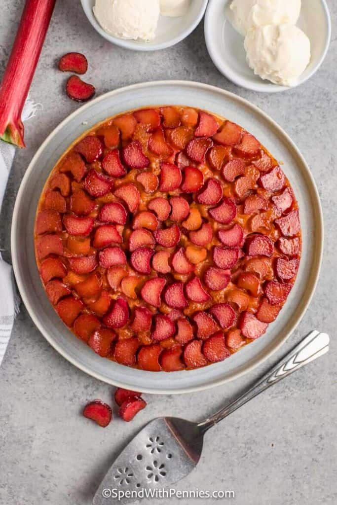 rhubarb upside down cake on platter.