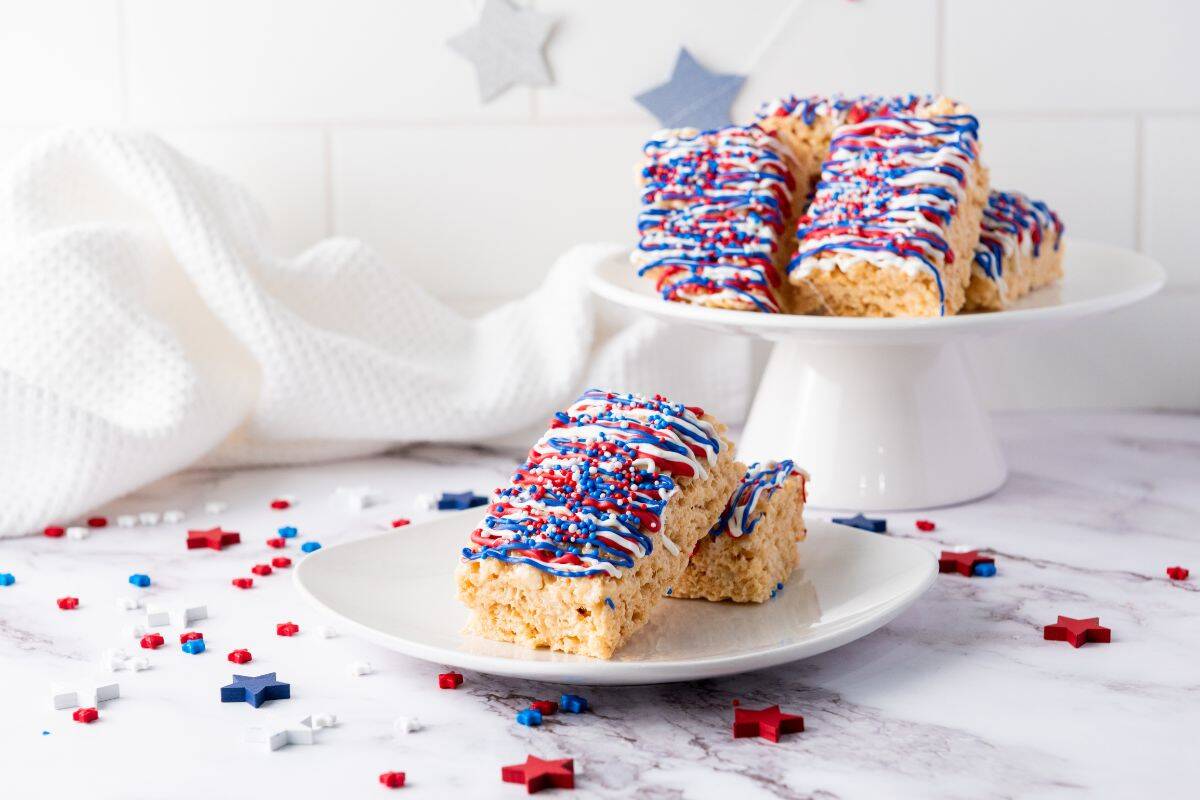 patriotic rice krispie treats on plate.