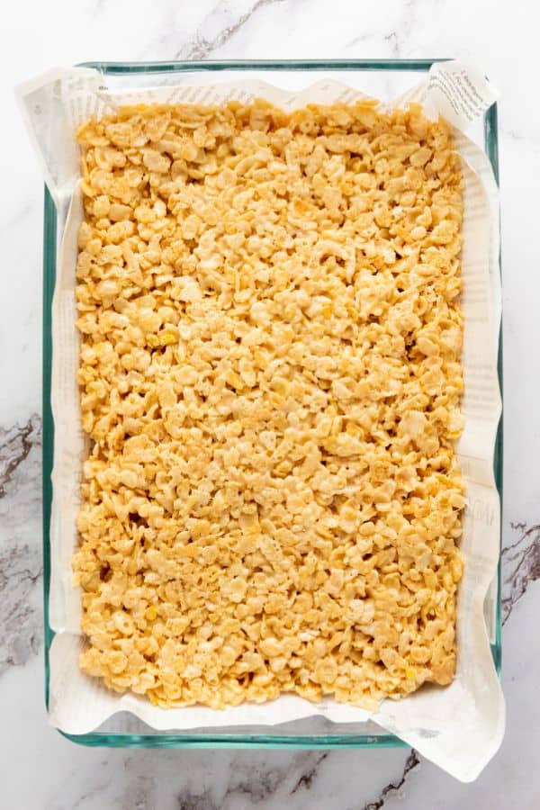 rice krispy treat mixture pressed into pan.