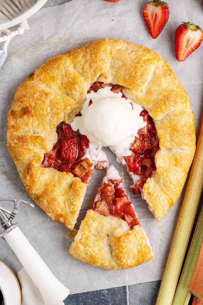 rhubarb and strawberry galette with ice cream.