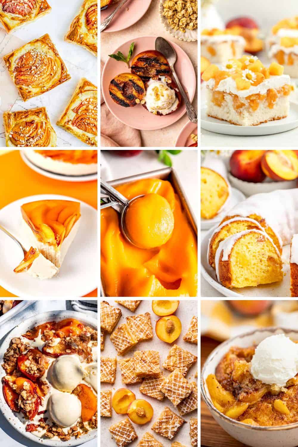 collage of summer peach dessert recipes.