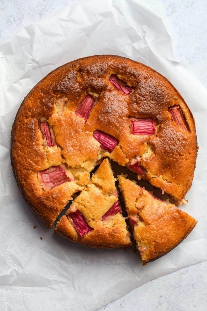 white chocolate and rhubarb cake.