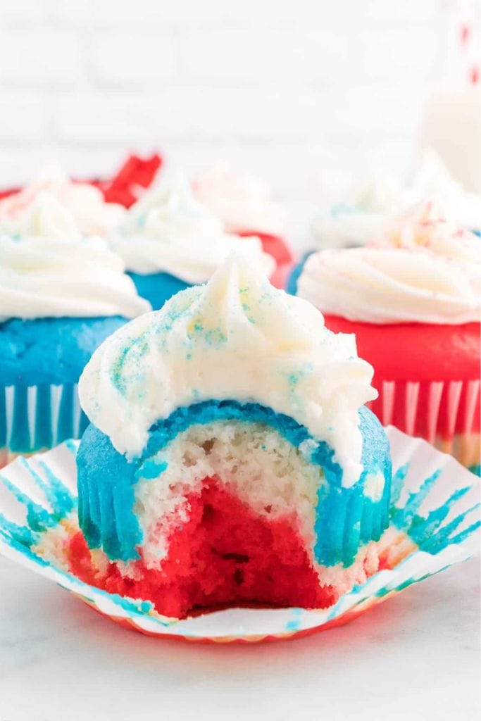 red white and blue cupcake frosted.