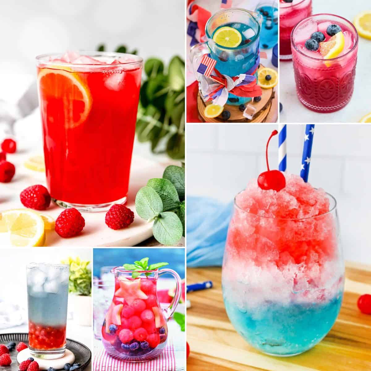 collage of red white and blue drinks for kids.