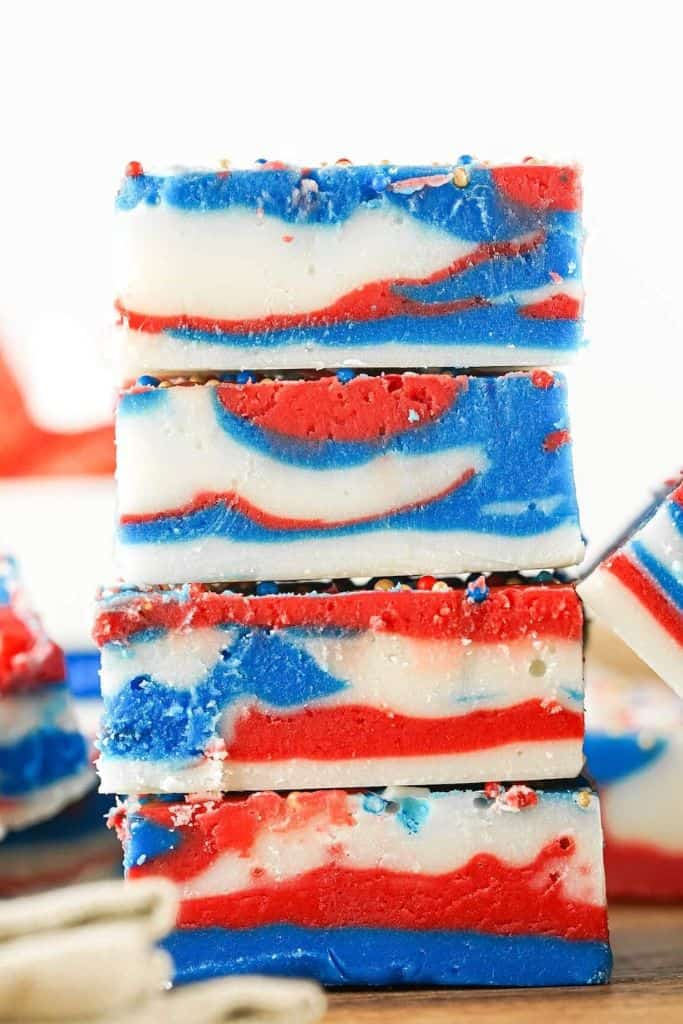 stack of red white and blue fudge squares.