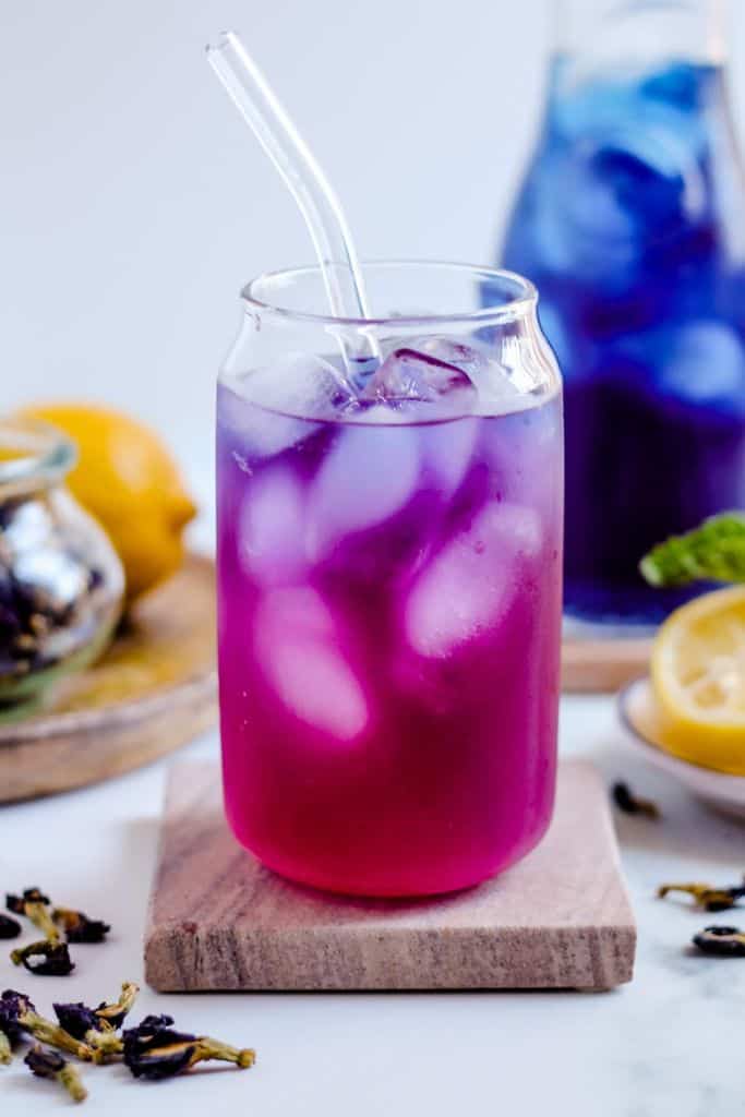 purple iced tea in glass.