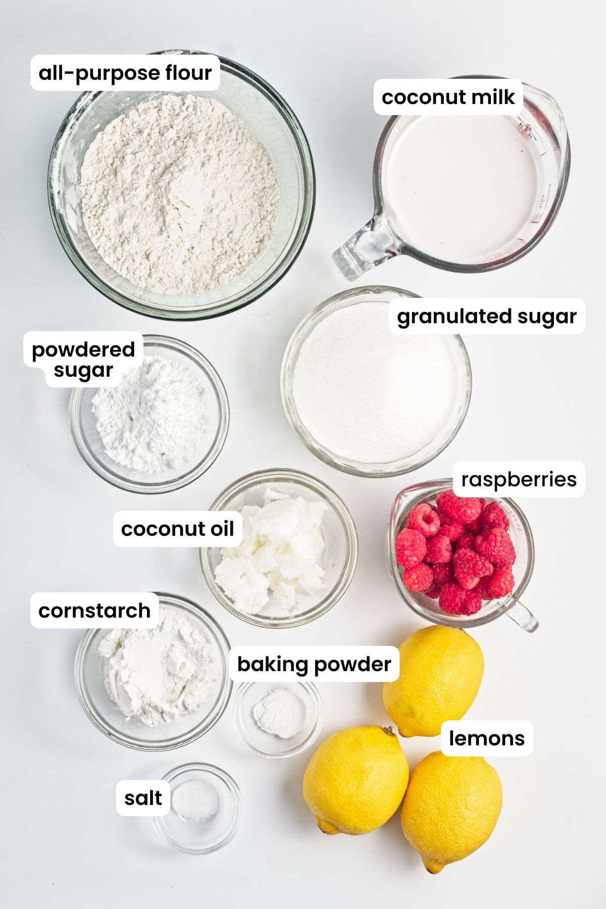 lemon raspberry squares ingredients labelled.