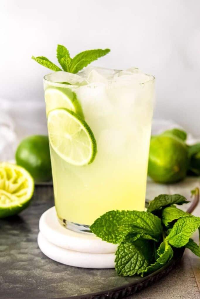 lime refresher in glass with mint.