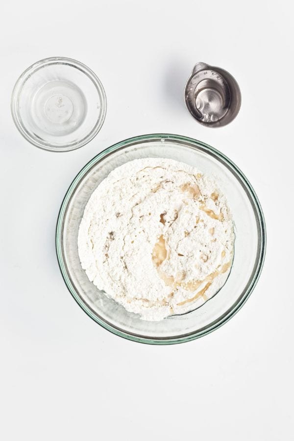 flour and shortbread ingredients in bowl.