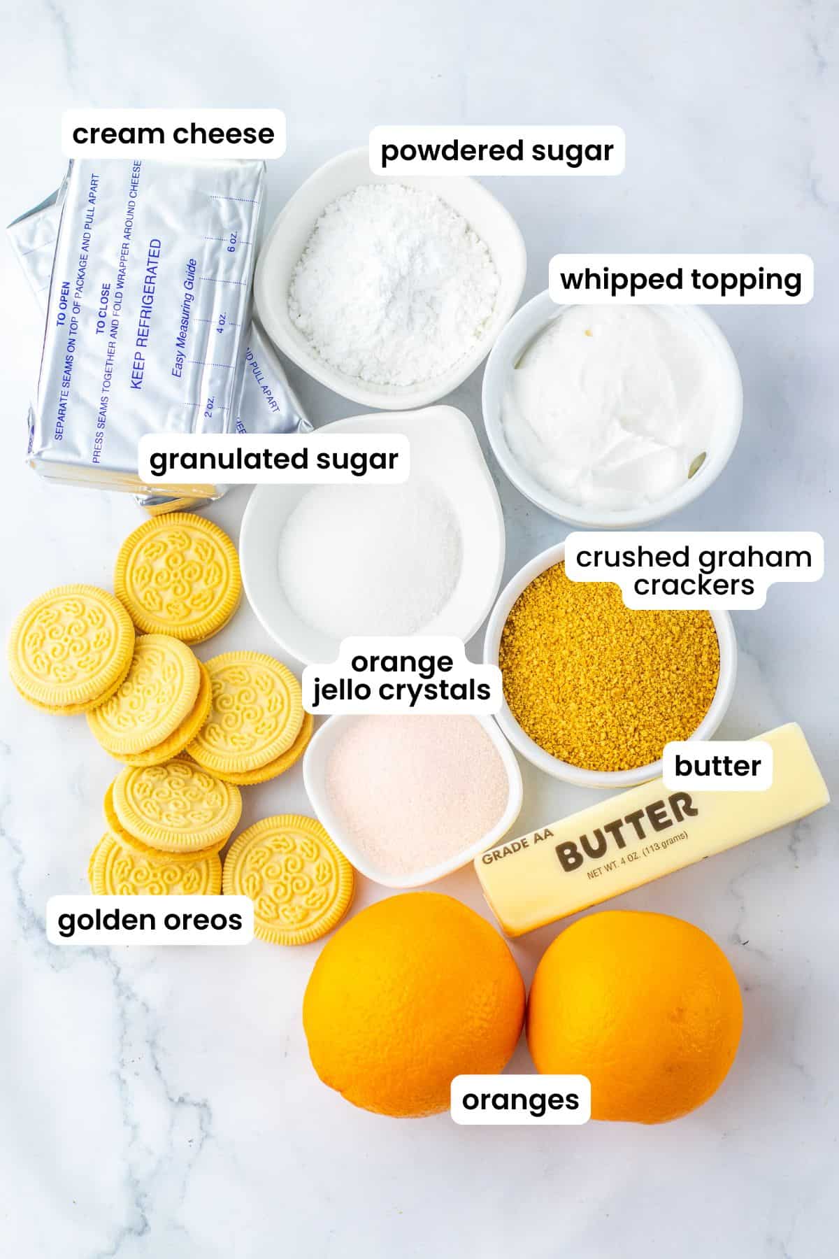 orange dessert bar ingredients labelled.
