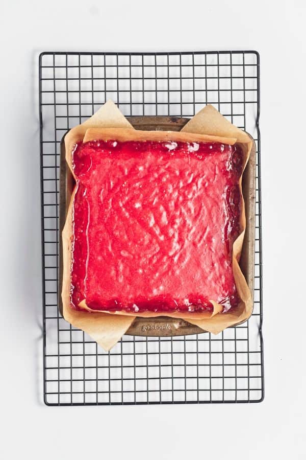 raspberry bars in pan baked.