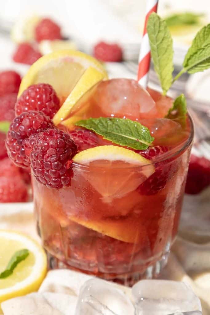 raspberry mocktail in short glass.