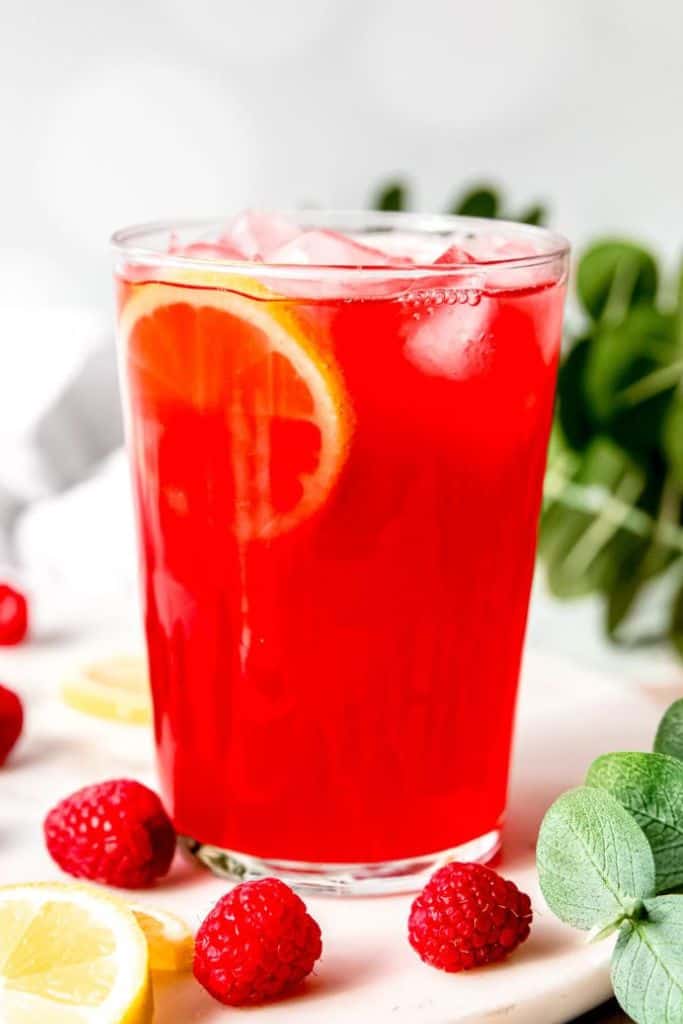 raspberry lemonade in glass.