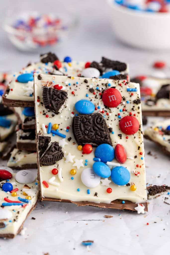 patriotic candy bark with oreos.