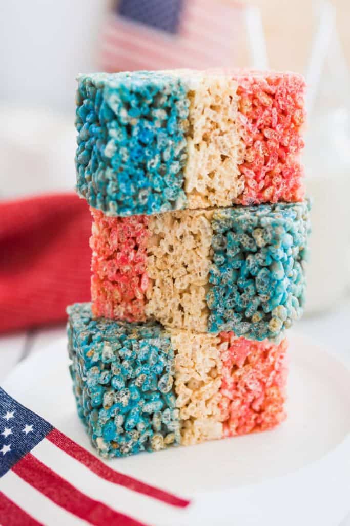 stack of patriotic rice krispie treats.
