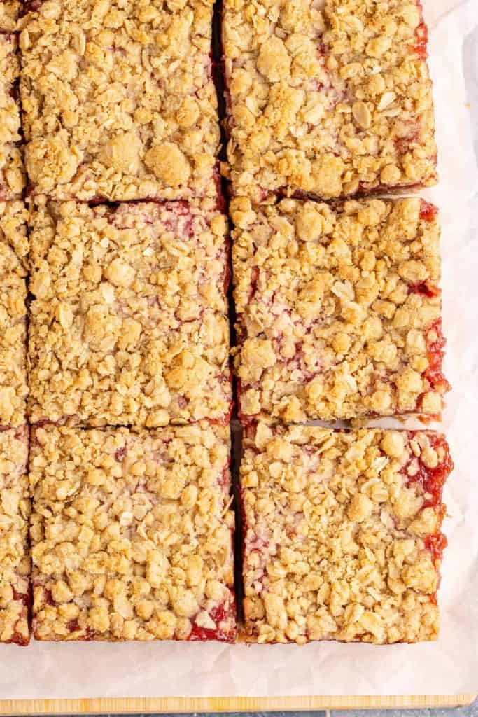 tray of strawberry rhubarb squares sliced.