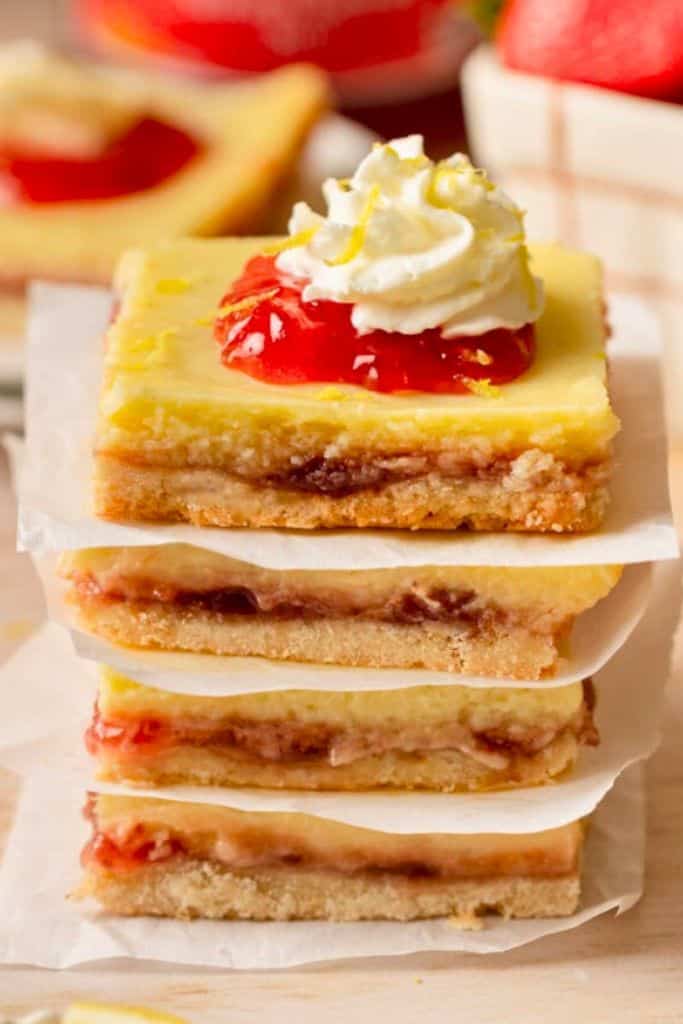 strawberry lemon shortbread dessert bars stacked.