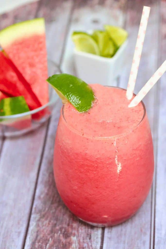 watermelon slushie in glass.