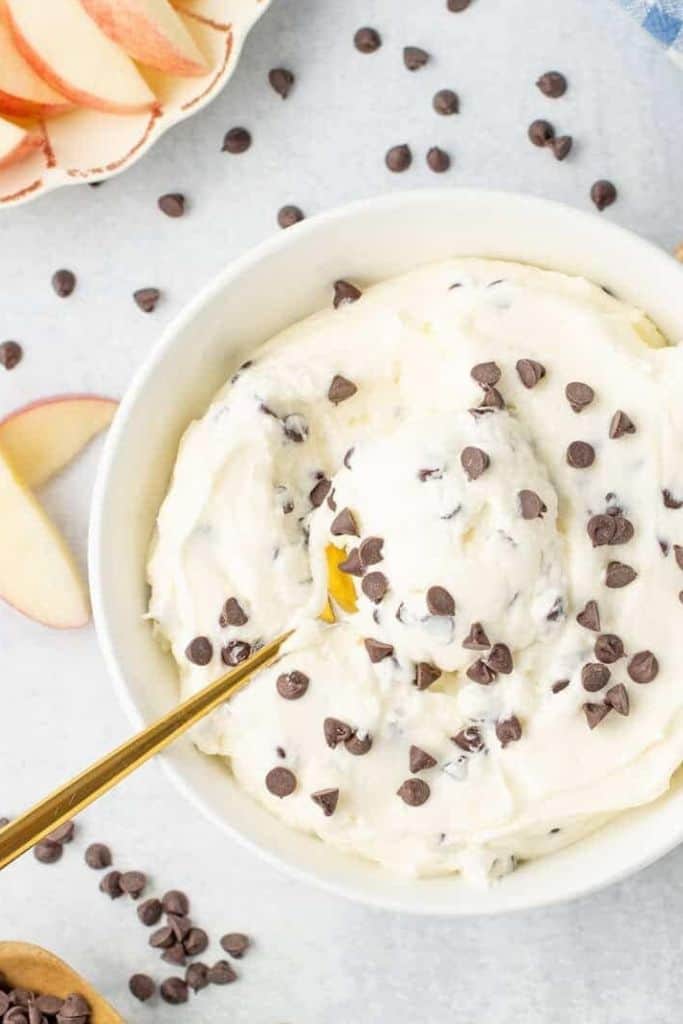 chocolate chip dessert dip in bowl.