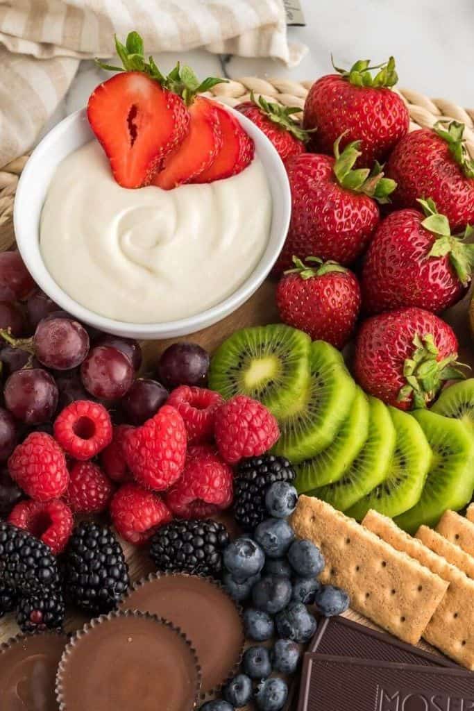 fruit dip with marshmallow fluff with fruit.