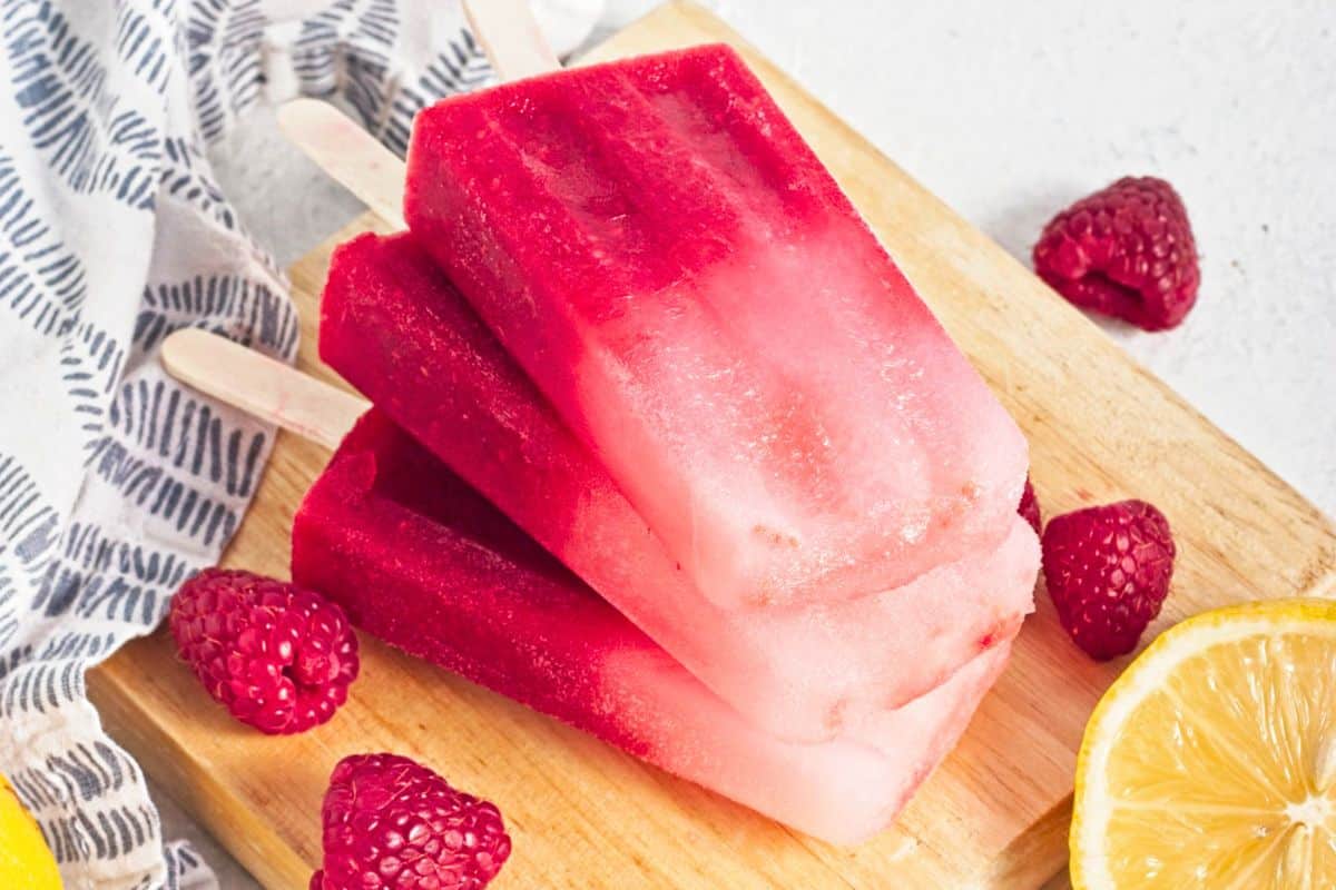 raspberry lemonade popsicles stacked.