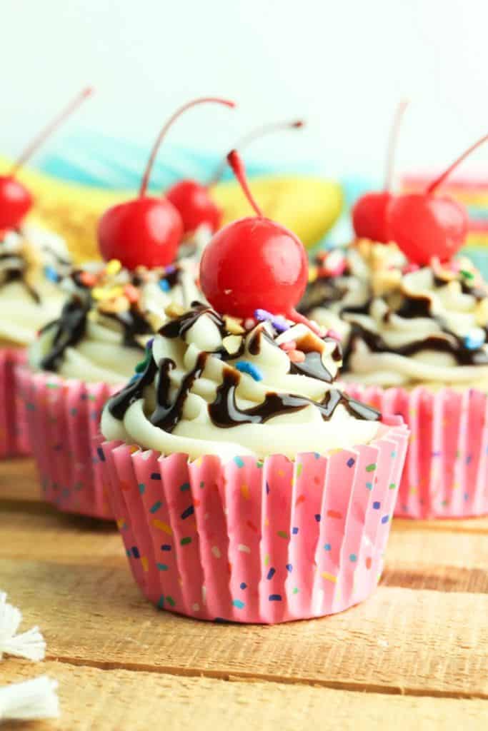 fun banana split cupcake with cherry.