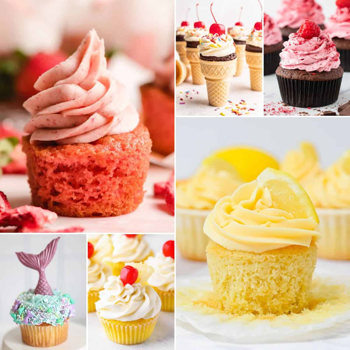 collage of summer themed cupcakes.