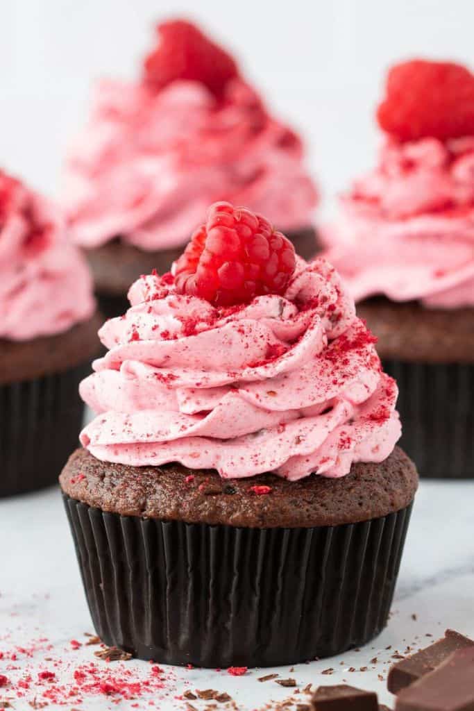 chocolate cupcake with raspberry frosting.