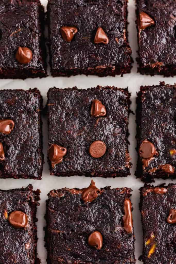top view of chocolate zucchini brownies with chocolate chips.