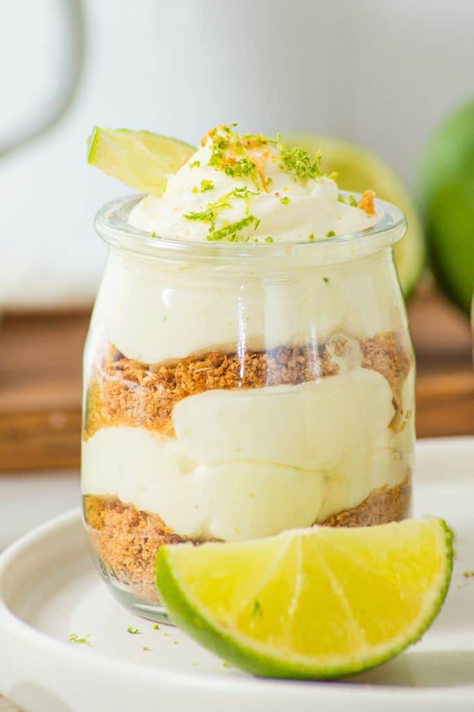layered lime cheesecake in a cup