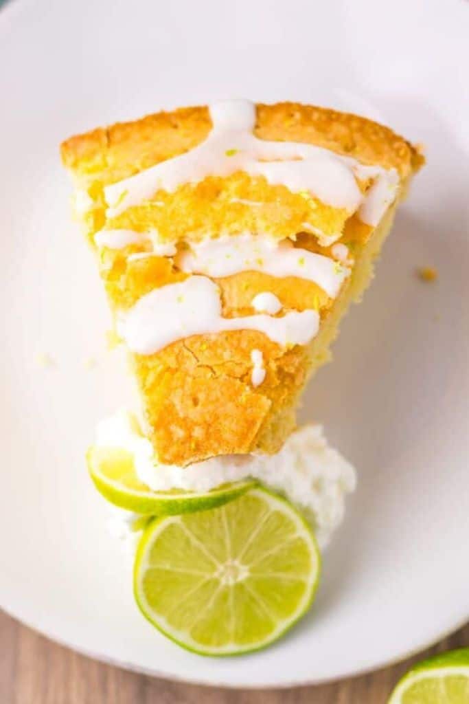 slice of lime flavored glazed pound cake .