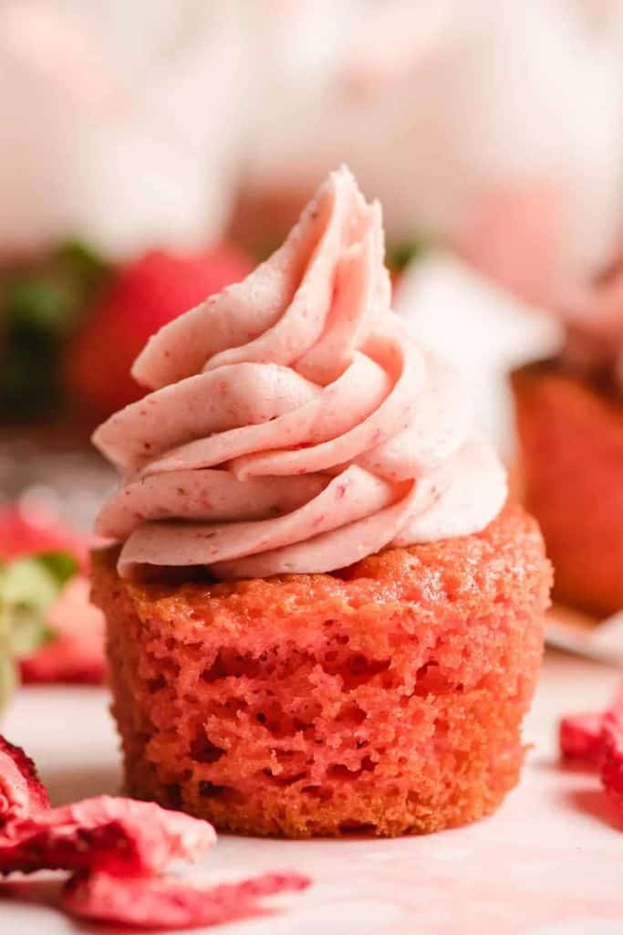 strawberry cupcakes with strawberry frosting.
