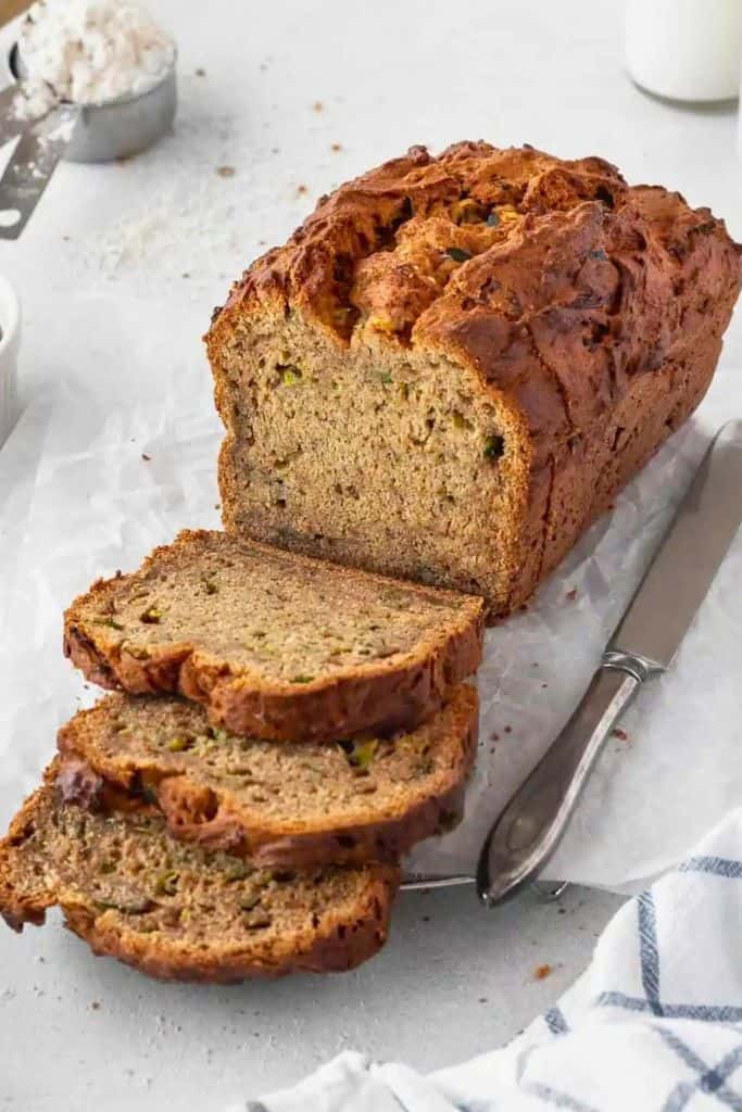 banana zucchini bread sliced.