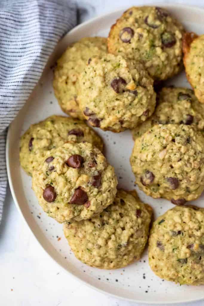 choc chip zucchini cookies on plate.