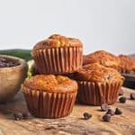 stack of zucchini muffins with chocolate chips.